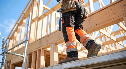Productive adult White man construction worker in professional workwear with tool belt standing on scaffolding at an outdoor residential building site during daytime building a new house roof.