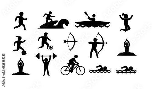 Flat Sports Icon Set Featuring Running Surfing Kayaking and Fitness Activities