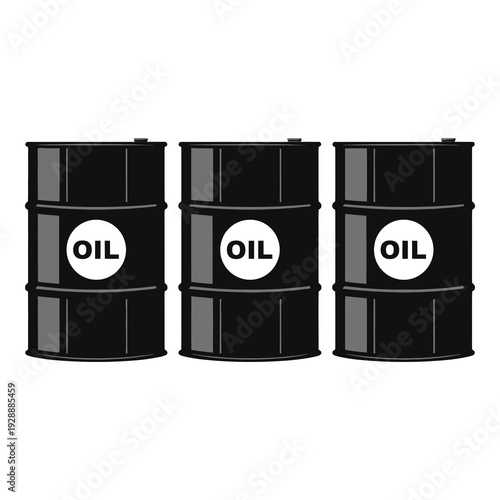 Three black oil barrels with white oil labels side by side icon