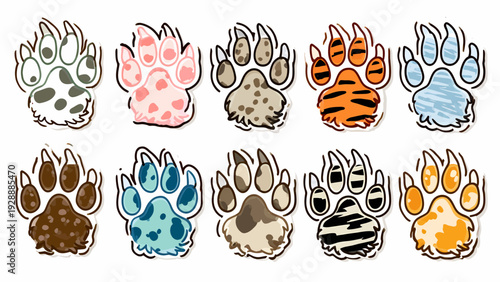 Collection of cat paw and claw sticker designs in various patterns and colors