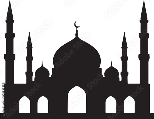 Mosque Silhouette with Dome and Minarets – Islamic Architecture Vector Illustration