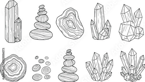 Crystal stone line art vector set, mineral gem outline illustration collection, hand drawn crystal elements isolated on white background