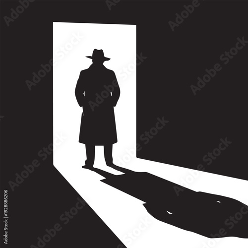 Detective is standing in the open doorway Silhouette vector black design on a white background