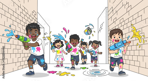 Excited Kids Splashing Pichkaris During Holi