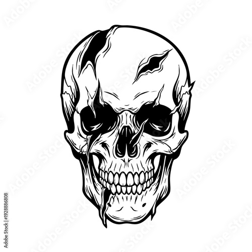 Menacing black and white skull illustration with sharp teeth.