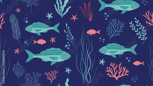 Deep blue seamless underwater pattern featuring various types of fish, colorful coral reefs, and swaying seaweed.