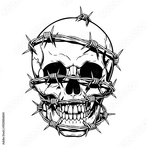 Barbed wire wrapped around a human skull illustration.