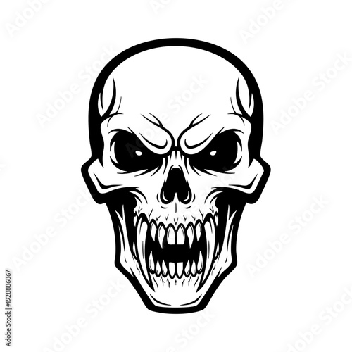 Menacing skull illustration with aggressive expression and sharp teeth.