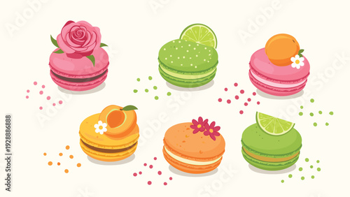 Gourmet set of assorted french macarons elegantly decorated with fresh fruits like lime and apricot and delicate flowers.