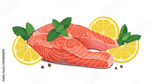 Fresh raw salmon steak illustration garnished with bright lemon slices, aromatic mint leaves, and black peppercorns.