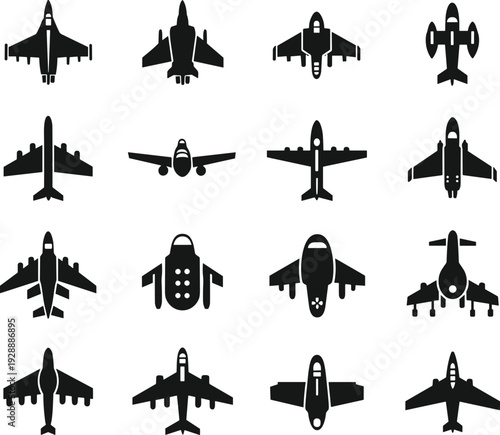 Sixteen airplane silhouette vector illustration, top view aircraft icons, commercial military jet plane design, black and white aviation art
