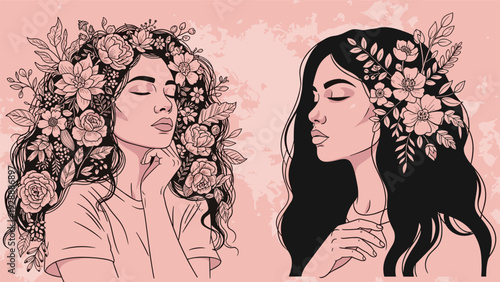 Artistic line drawings of two women with flowing hair intricately decorated with various roses and botanical blossoms.