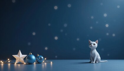 White cat sitting next to Christmas ornaments and fairy lights on blue background