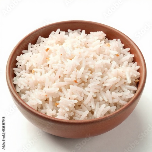 A simple brown ceramic bowl holds a serving of fluffy white steamed rice grains isolated against a stark white background.