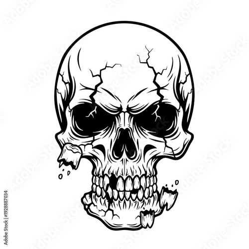 Cracked human skull with menacing expression.
