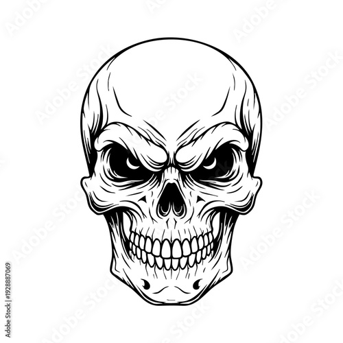 Menacing black and white illustration of a human skull.