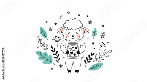 Cute hand-drawn sheep standing and holding a glass jar filled with many small hearts surrounded by botanical leaves and stars.