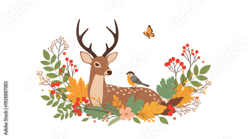 Peaceful deer resting in a bed of autumn leaves and forest plants with a small bird perched on its back and a butterfly nearby.