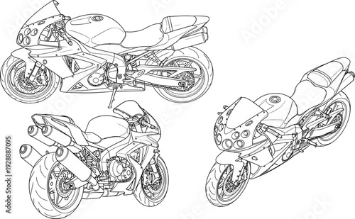 Sport motorcycle vector illustration, multiple perspectives front, rear, side, technical drawing, aerodynamic fairings, dual exhaust, disc brakes, engineering design