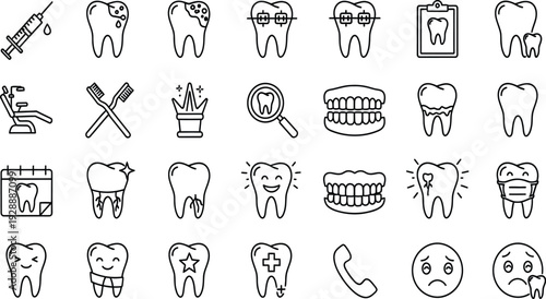 Dental line icon vector set, dentist healthcare outline symbols collection, tooth treatment illustration isolated on white background