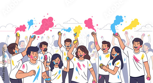 Joyful Crowd Celebrates Holi With Gulal