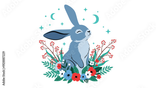 Peaceful blue bunny sitting among colorful wild flowers under a crescent moon and twinkling stars in a dreamy night scene.