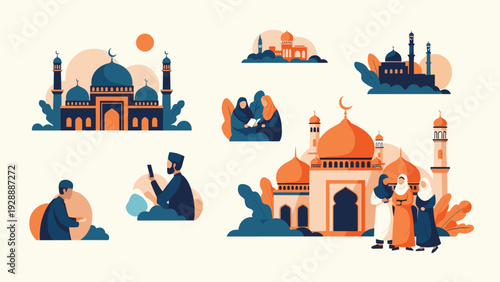 Comprehensive collection of Islamic icons including grand mosques, people praying, and reading the holy book in a clean flat style.