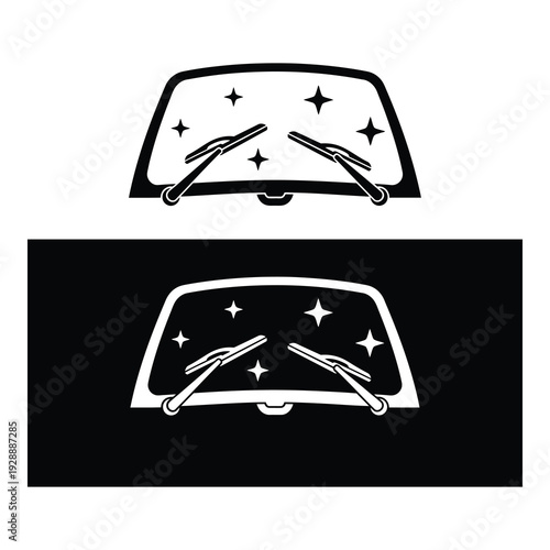 Car windshield with wipers and star icons on white and black backgrounds icon