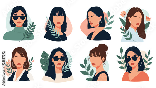 Collection of minimalist female portraits featuring various hair styles, accessories, and botanical elements on a neutral background.