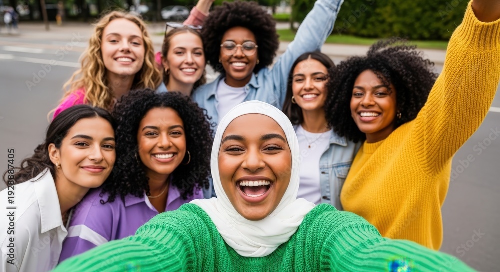 Fototapeta premium Diverse group of women smiling joyfully together outdoors during a sunny day