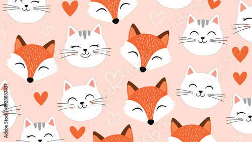 Cute seamless pattern featuring adorable smiling fox and cat faces with scattered orange hearts on a soft pink background.