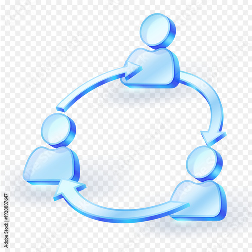 3D blue glass icons of people connected by circular arrows. Concept for teamwork, social networking, communication, and business workflow process on transparent background. Vector illustration.