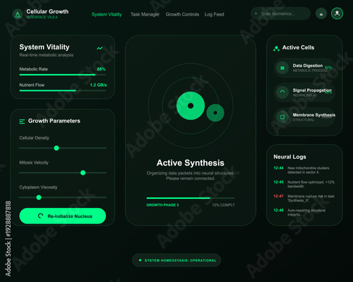"A sophisticated, dark-themed user interface focused on cellular growth and biological monitoring. The visual mood is sterile yet high-tech, utilizing a deep emerald green and neon palette to convey 