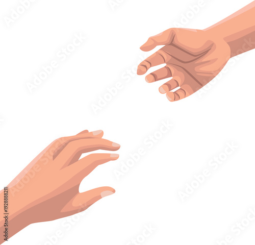 Two reaching hands offering help or connection isolated on white background 