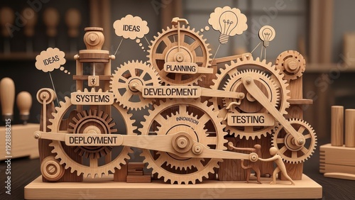 Intricate wooden gear system illustrating software development concepts