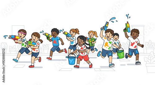 Joyful Kids Chasing With Water Pichkaris