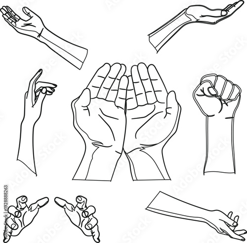 Collection of diverse hand gestures line art vector illustrations for design isolated 