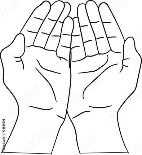 Open cupped hands reaching up simple line art illustration for concepts of giving rece