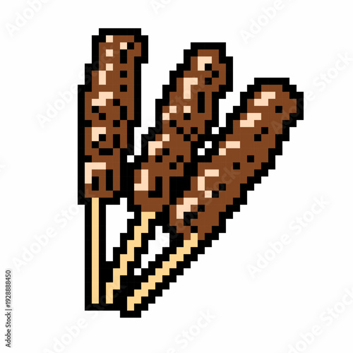Pixel art illustration of three grilled satay skewers with roasted meat in a classic 8-bit retro style, ideal for food icons, game assets, or UI elements.