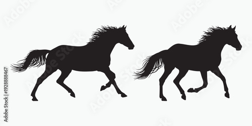 Running horse silhouettes isolated on white background wild animal illustration