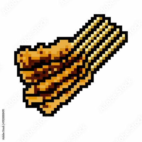 Pixel art illustration of grilled satay skewers, featuring roasted meat on sticks in a retro 8-bit game style, suitable for food and game assets.