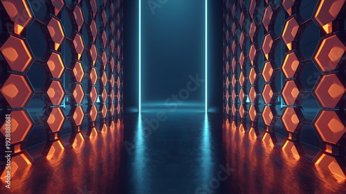 Futuristic glowing data center corridor with neon hexagon server architecture and cyber technology background wallpaper design