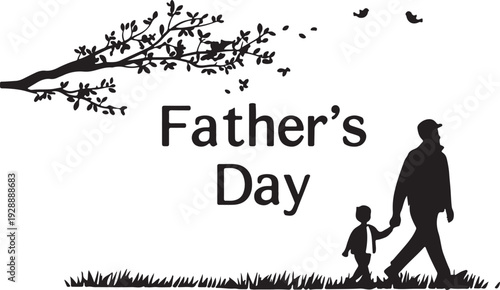 Father's Day black and white silhouette vector illustration with father and son