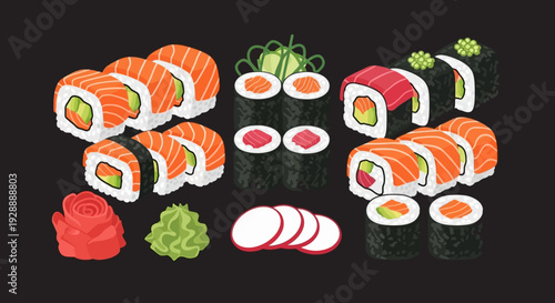 A vibrant sushi platter with various rolls and pieces arranged on a black background with wasabi and ginger