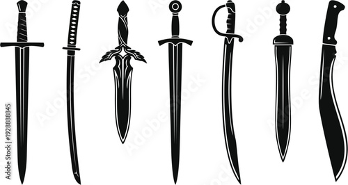 Black Silhouette Sword and Knife Weapons Set — Longsword, Katana, Dagger, Saber and Machete Vector Icons Isolated