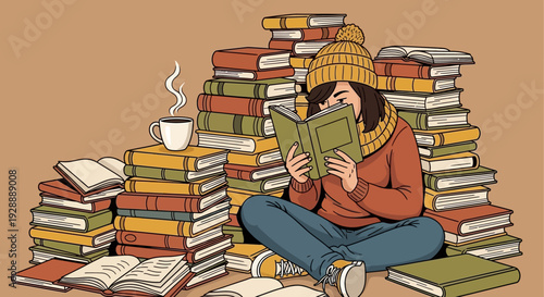 A young woman sits cross-legged on the floor surrounded by stacks of books reading intently.