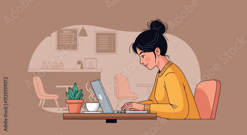 Woman works on laptop at cafe table with coffee and plant nearby indoors.