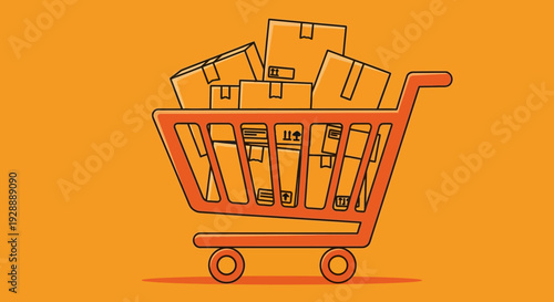 Shopping cart filled with boxes on orange background in illustration style