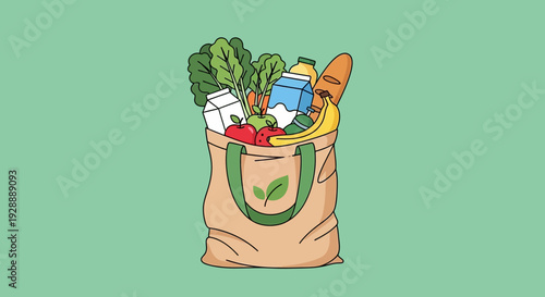 A reusable bag filled with fresh produce and groceries on a green background