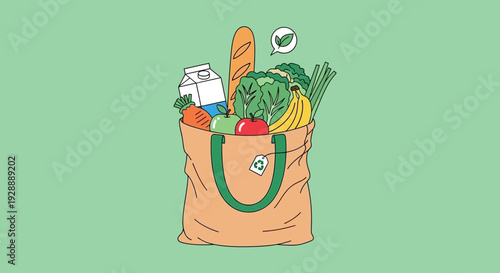 Fresh produce and dairy products overflowing from a reusable grocery bag on a green background